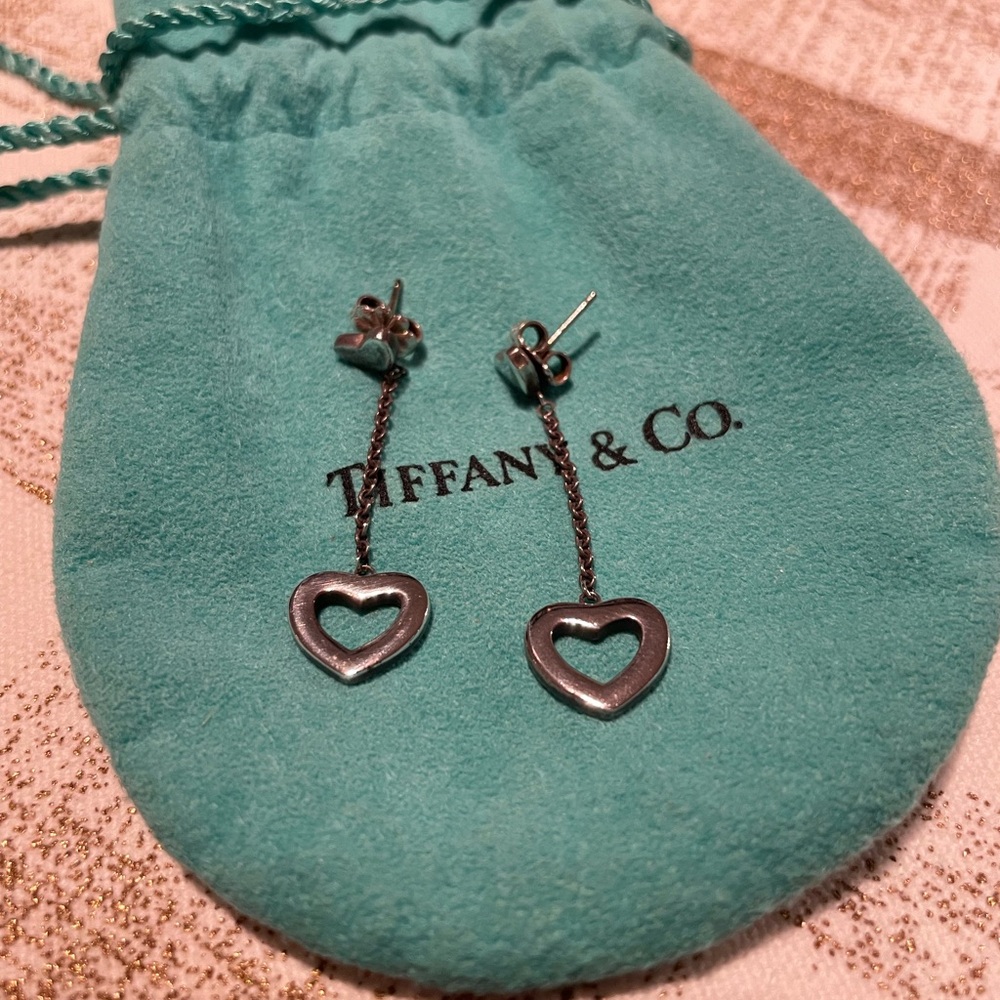 Tiffany & Co. Silver Heart Drop Lariat Dangle Earrings